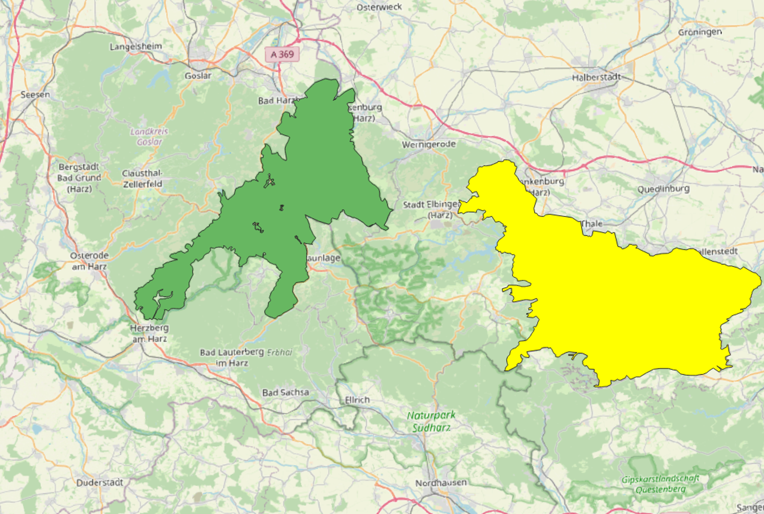 Figure 1: Overview of the Harz region, highlighting the Harz National Park (green) and party of the eastern state forestry company areas (yellow).
